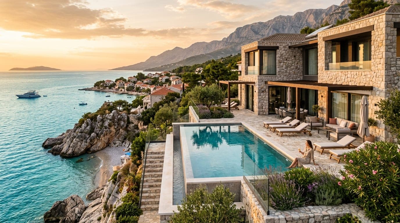 Sunlit coastline with a clifftop villa above turquoise water